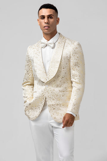 Ivory Pattern Printed Shawl Lapel Men‘s Prom Blazer